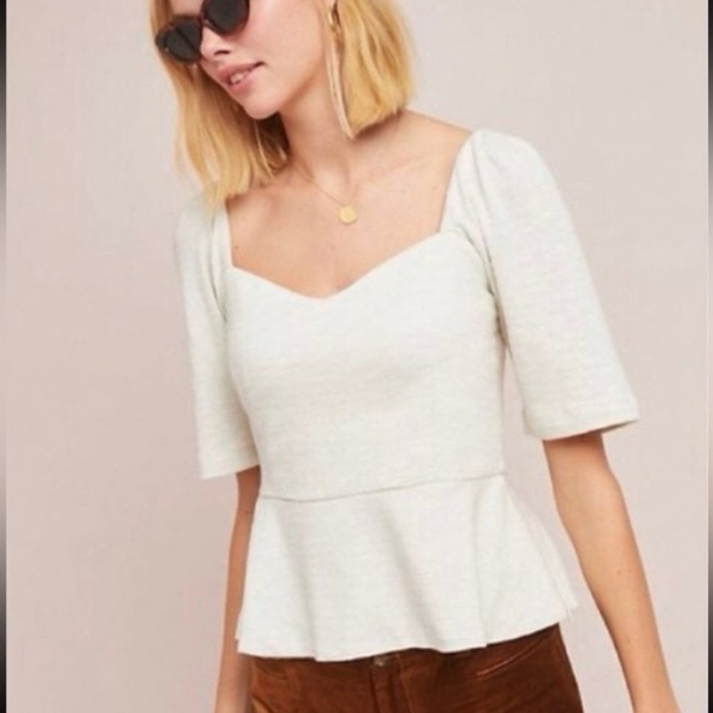 Anthropologie Cream Sweetheart Neck Peplum Blouse
